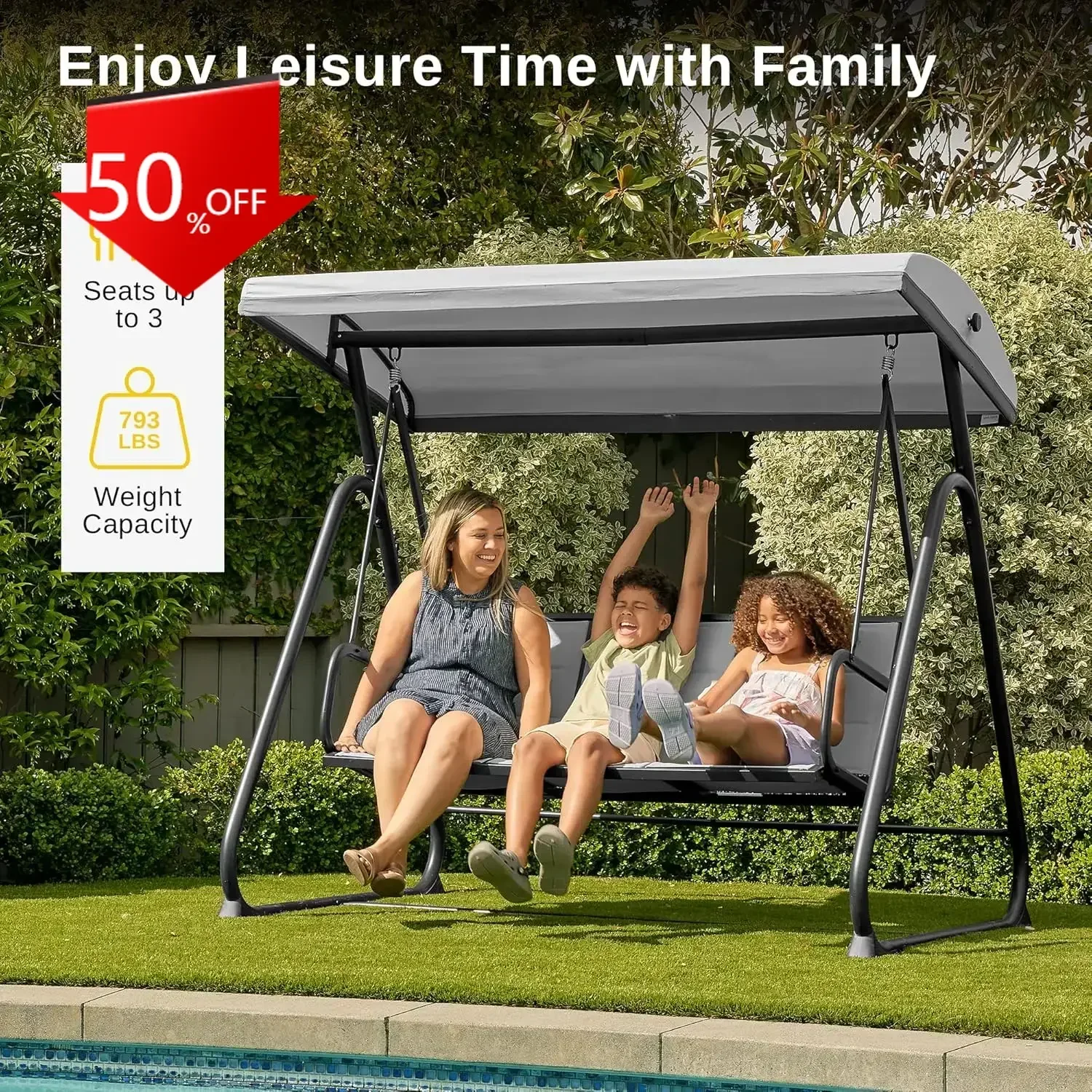 

XMSJ.3-Person Outdoor Porch Swing with Adjustable Canopy, Patio Swing Chair with Comfortable and Breathable Seats, Outdoor Swing