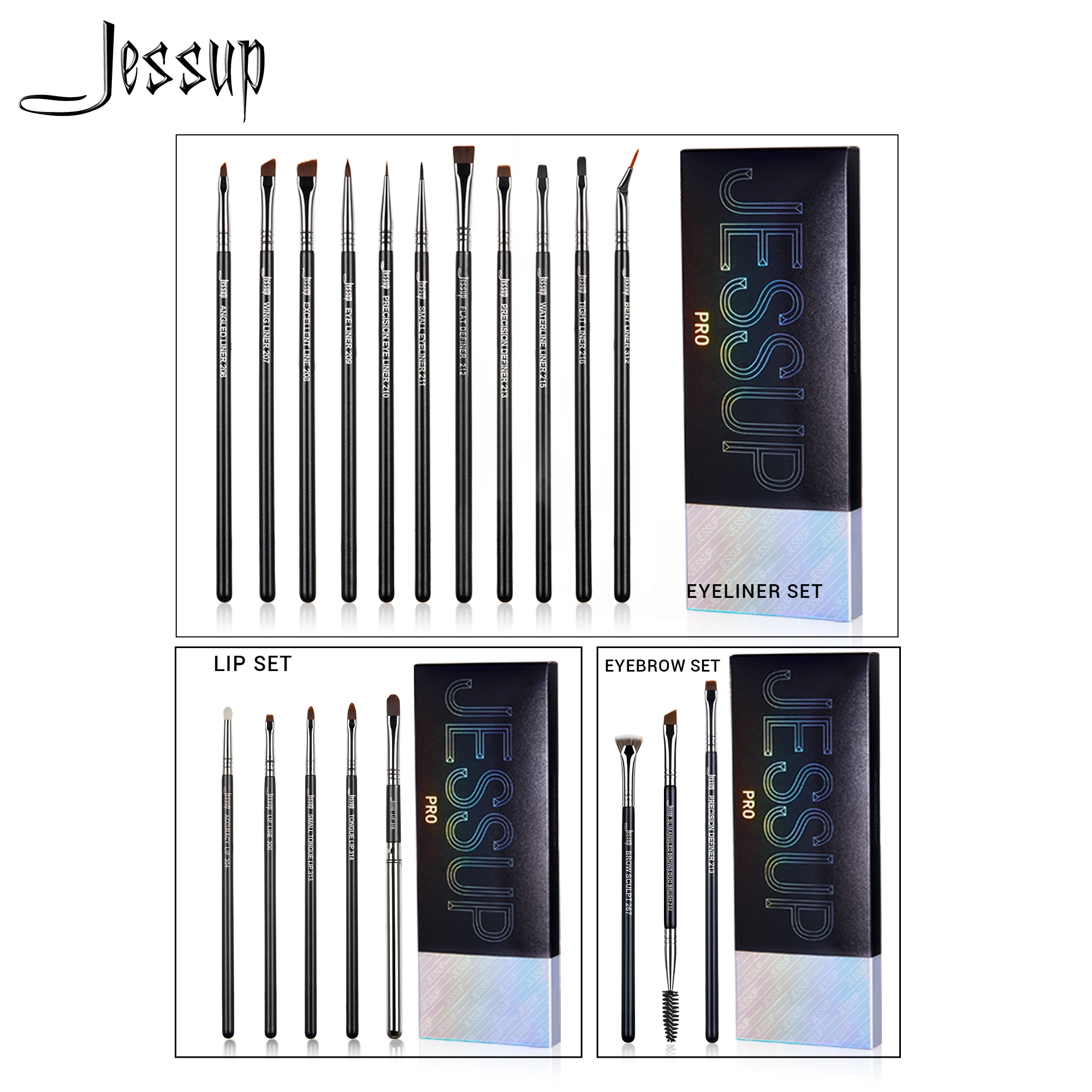 Jessup Eyeliner Brush Set,Eyebrow Brush set,Lip Brush set, Eye liner Angled Flat Definer Bent Pencil Point Brow T324