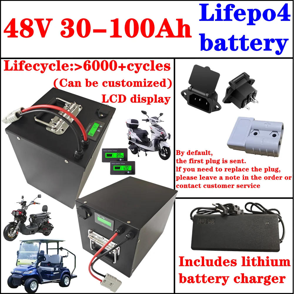 48V Lithium Lifepo4 Battery 30Ah 40Ah 50Ah 60Ah 70Ah 80Ah 90Ah 100Ah for 1000W 1500W 2000W Golf Cart Tractor AGV Two Wheeler