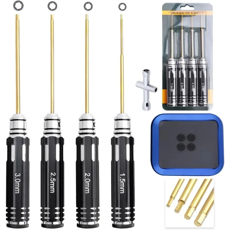 

HobbyPark 4pcs 1.5mm 2.0mm 2.5mm 3.0mm Hex Screw Driver Set Titanium Hexagon Screwdriver Wrench Tool Kit Allen Keys, Screw Tray,