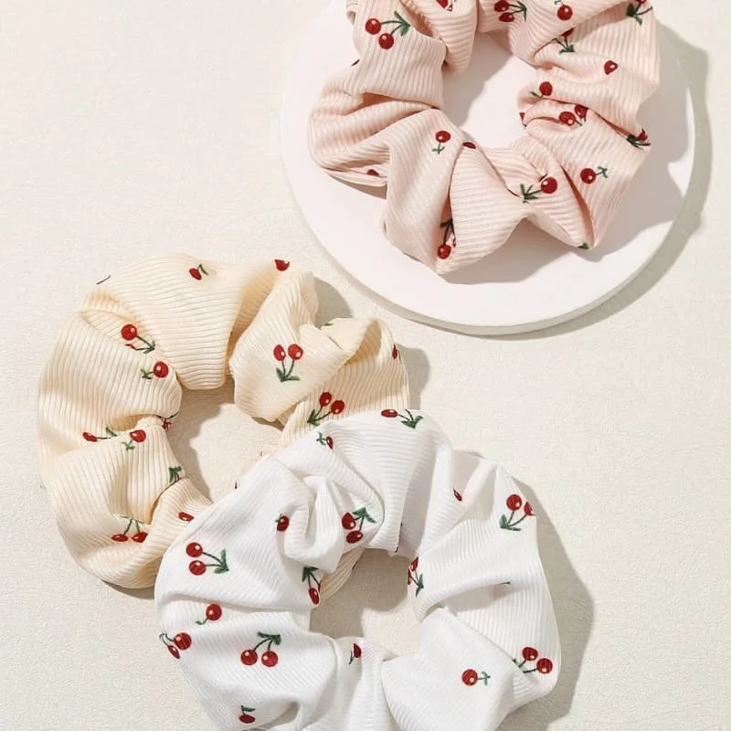 1/3Pcs Fresh Cherry Pattern Scrunchies Women Elastic Hair Ties Cute Ponytail Holder Daily Casual Hair Accessories