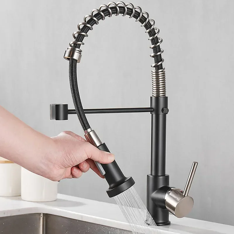 Kitchen Faucets Brass Pull Out Spout Sink Mixer Tap Tap Hot Cold Water Deck Mounted Stream Sprayer Head Brushed Stainless Steel