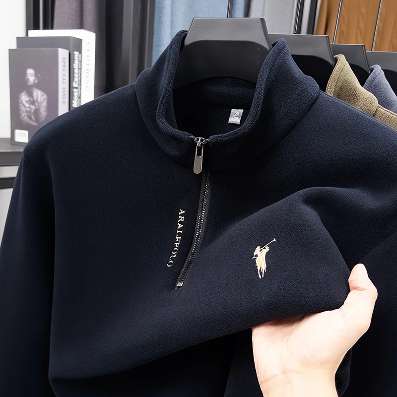 

2025 Winter New Paul Half Height Zipper Collar Men's High End Ougrain Fleece Hoodie Bottom Coat Top