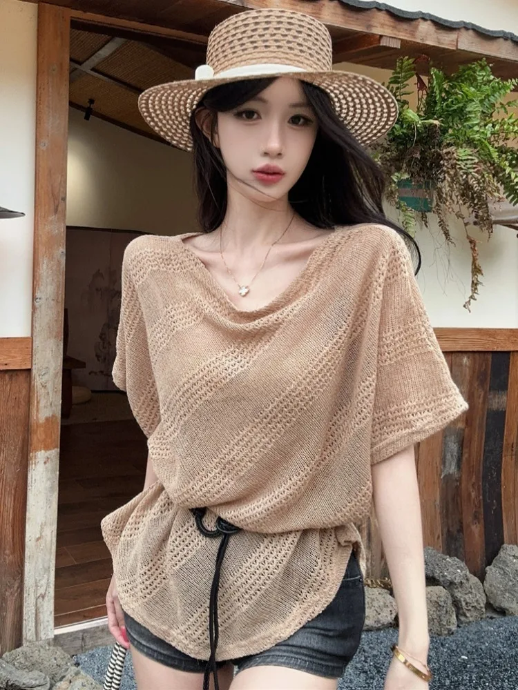 

Sexy Hollow out Shoulder Batwing Sleeve Knitted Top Women Summer New Loose Irregular Cover up Girl City Walk Breathable Short...