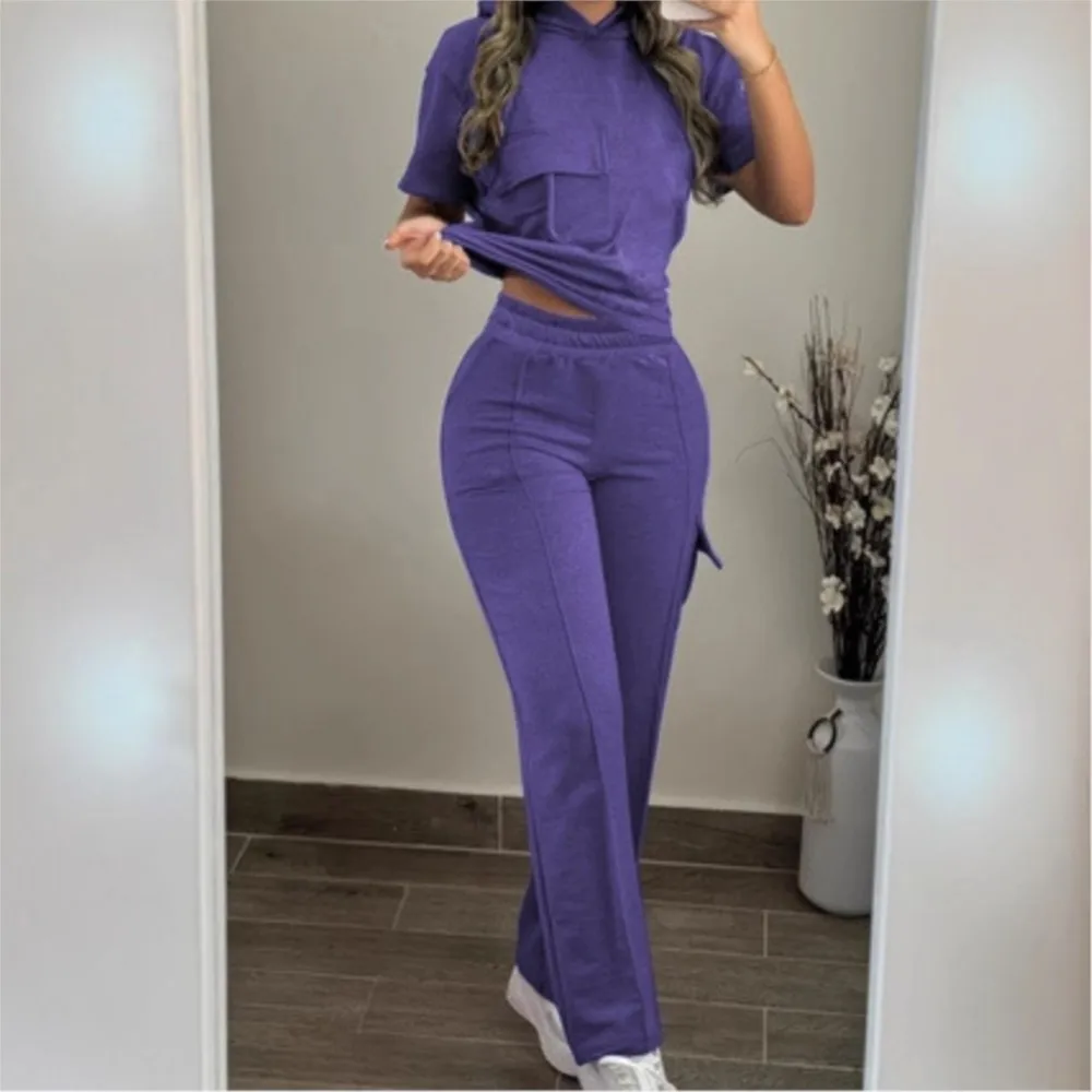 Summer New Hooded Short-sleeved Sweatshirt Women's Trousers Suit Fashion Pocket Casual Elastic Waist Sports Trousers 2-piece Set