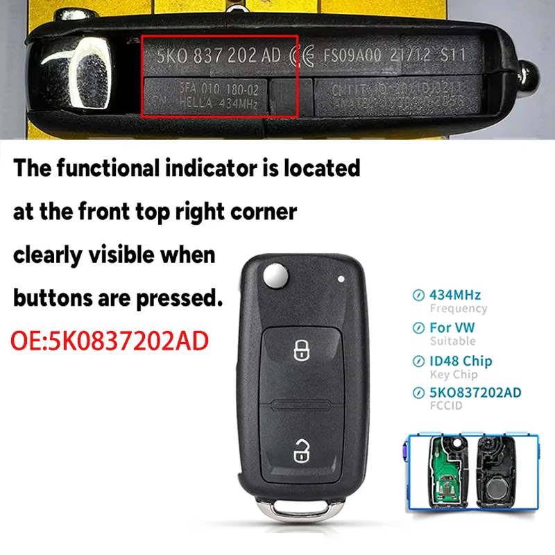 

2/3 Buttons Remote Key For VW For Volkswagen GOLF PASSAT Tiguan Polo Jetta Beetle 5K0 837 202AD 5K0837202AD 433MHz ID48 Chip