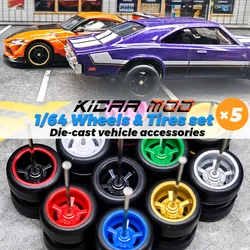 1/64 Wheels with Fixed Rubber Tires Five Spoke for Toy Model Diecast Cars Refiting Parts for Hotwheels (5 sets for 5 Cars)