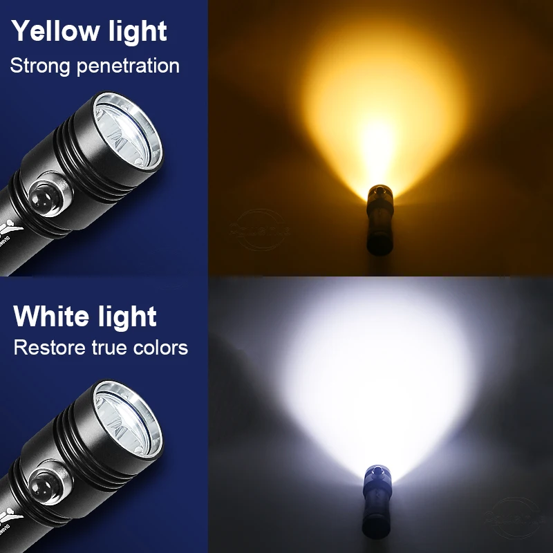 Newest Powerful Profession Led Diving Flashlight XHP90 Wick 2Modes Rechargeable Scuba Diving Torch Yellow Light Underwater Lamp