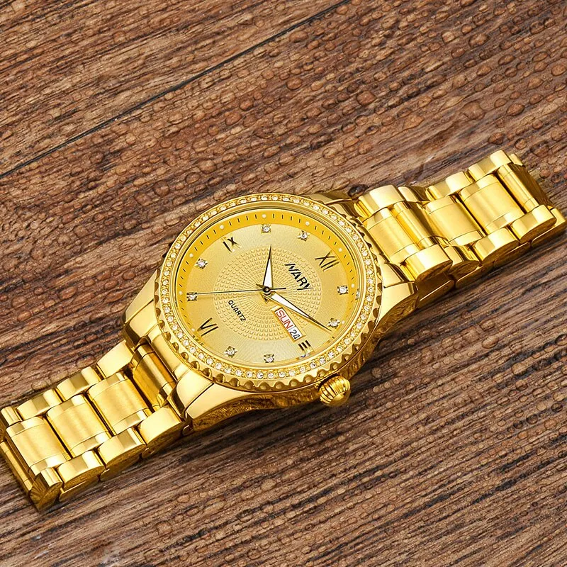 NARY Brand Luxury Original Watch for Men Gold Stainless Steel Strap Waterproof Diamond Classic Quartz Wristwatch with Date Dial