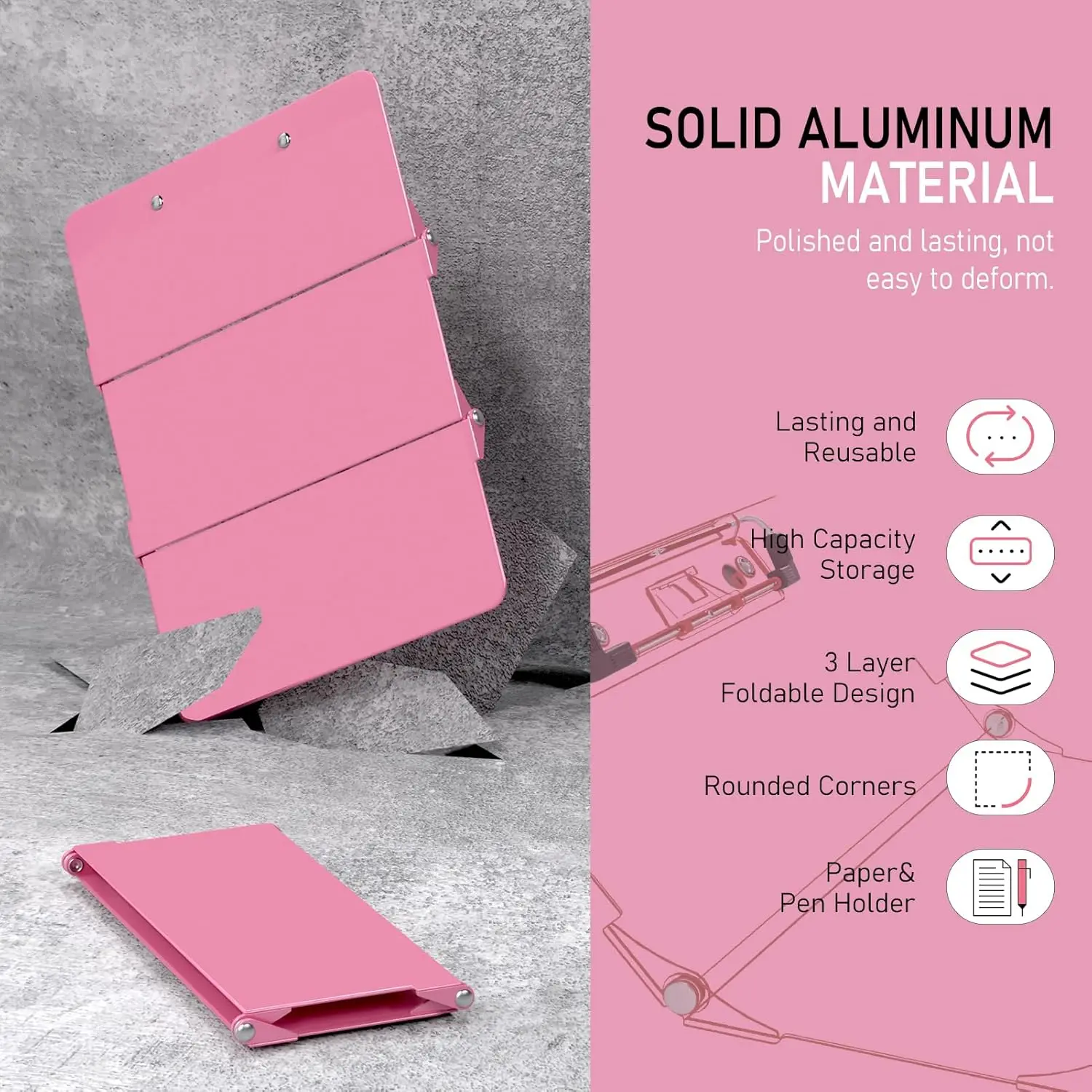 Pink folding writing board, 3-layer folding board, cheat sheet, nursing pocket size, pen holder, clinical clipboard