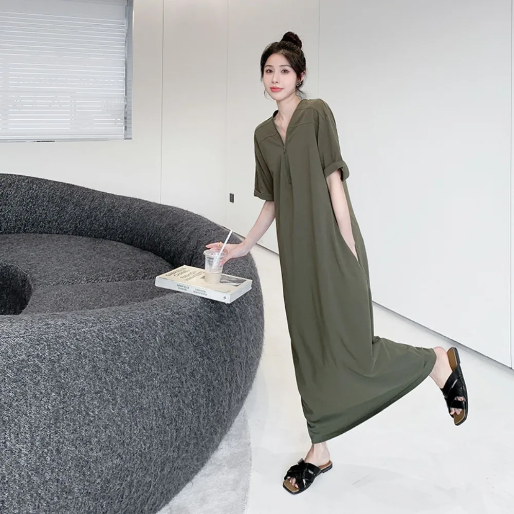 

Chic V Neck Loose Dress Women Zipper Solid Color Simple Long Dress Streetwear Long Skirt Large Size Dress Female