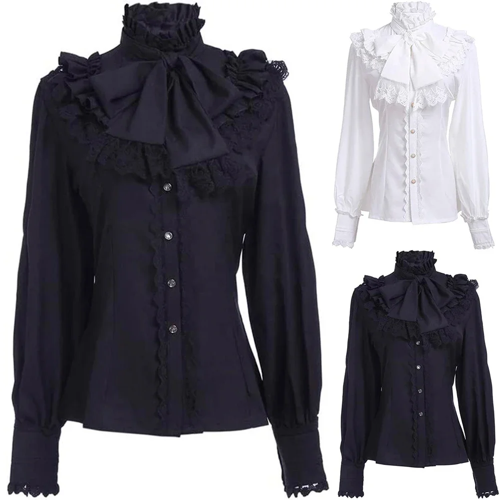 

New Vintage Victorian Ruched Lace Shirts And Blouses Gothic Lolita Long Sleeve Ruffles Solid Black White Tops Shirt For Women