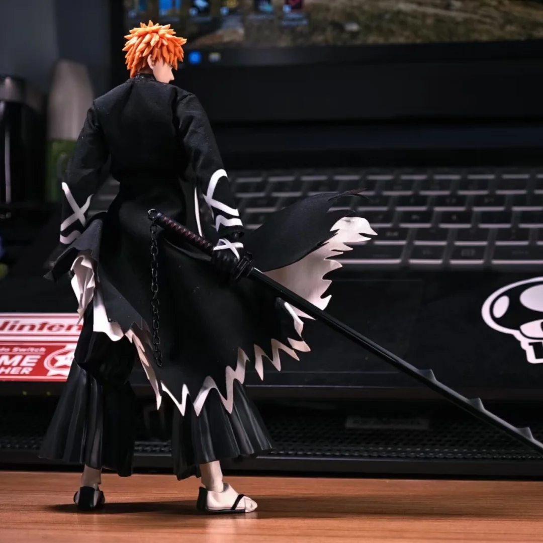 BLEACH Anime Shf Kurosaki Ichigo Handmade Clothes Overcoat Built In Iron Wire for Styling Suitable for 1/12 Movable Humanoid Toy