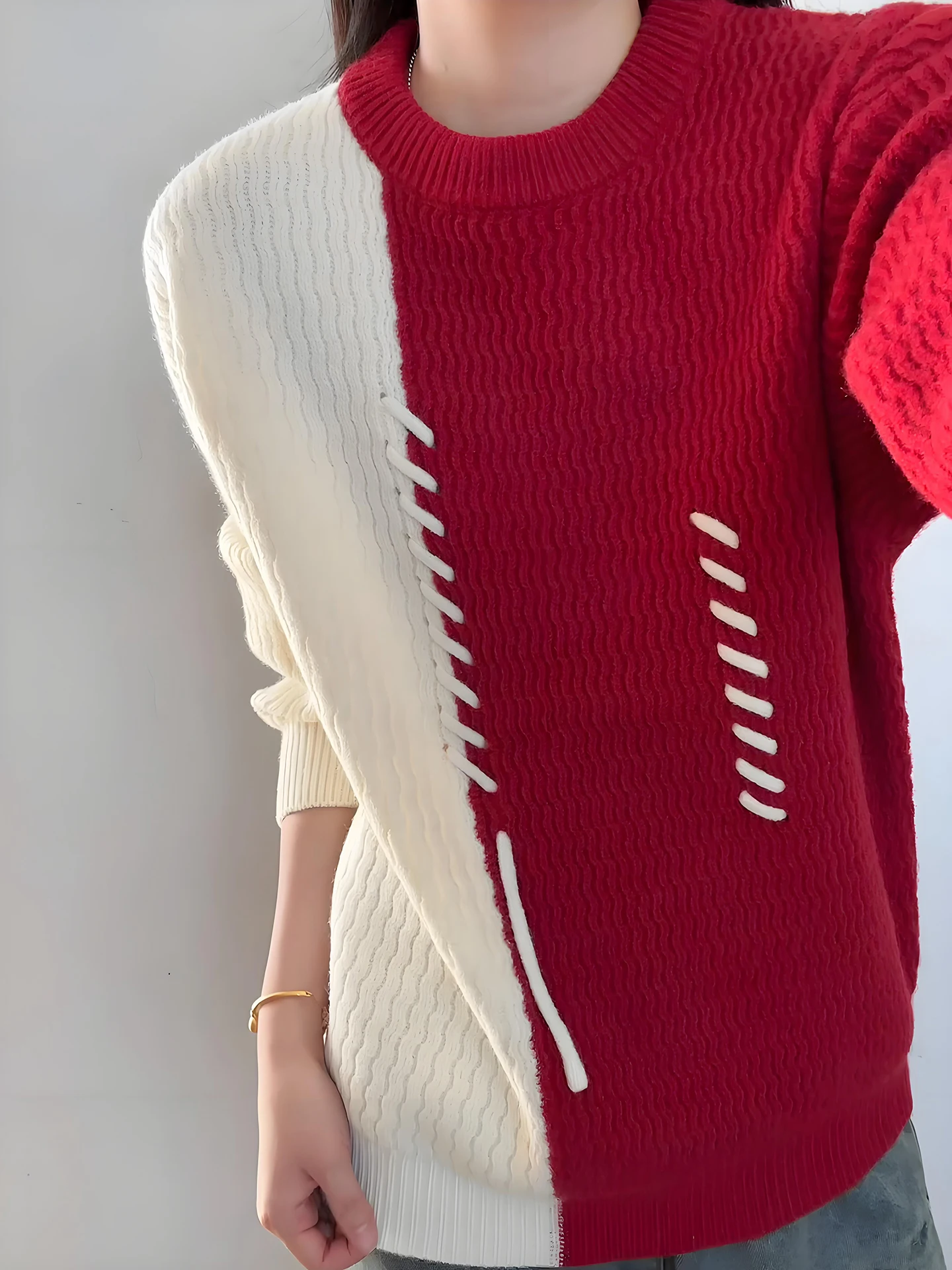 

Red Zodiac Year Thiened round Ne Knitwear Men's Winter Cisas Festive Splicing Inner Wear Base Layer Long Sve Sweater