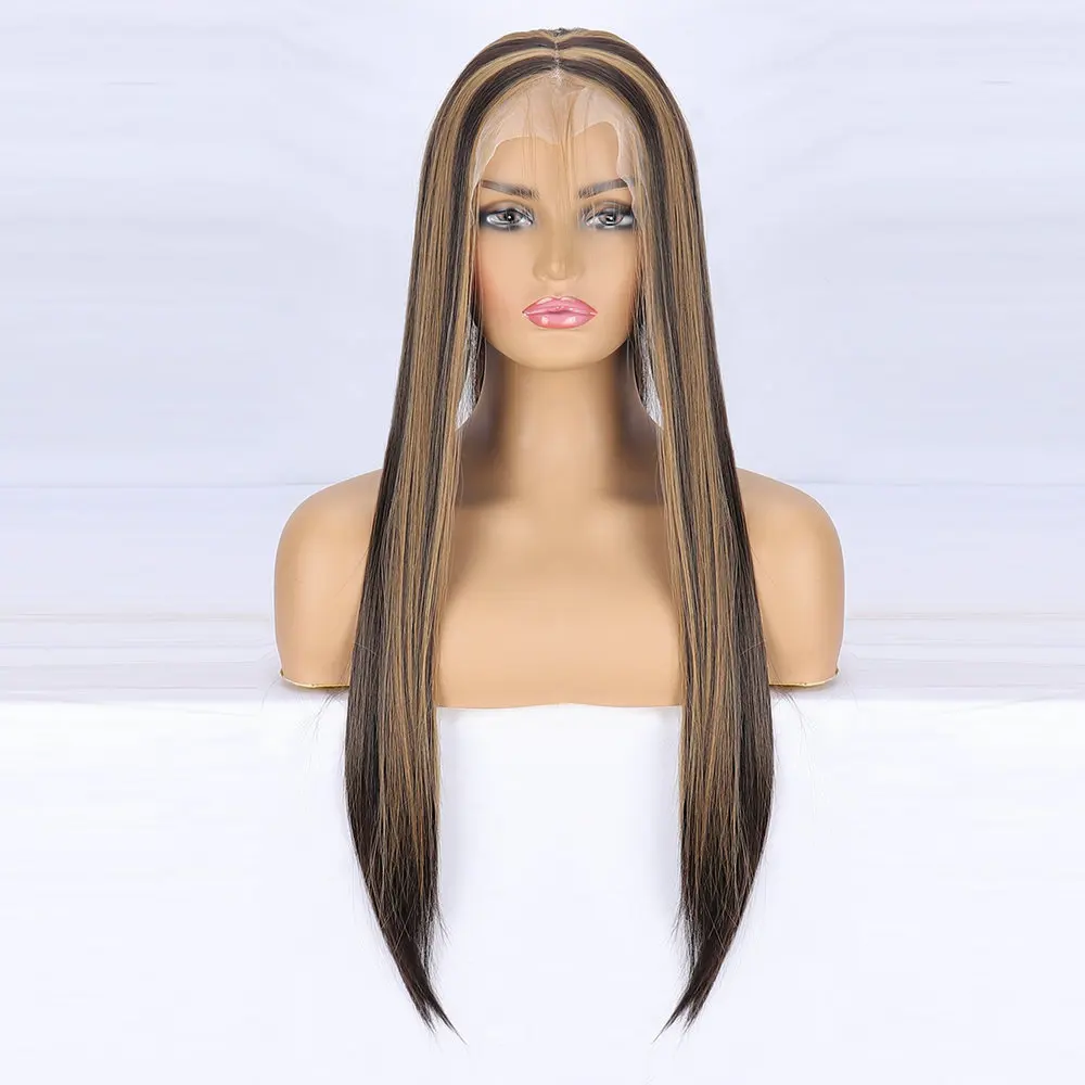 Honey Blonde Silk Straight Piano Color Brown Synthetic Hair Blend 13*4 Full Lace Frontal Wigs With Elastic Band P4-27 26 Inches