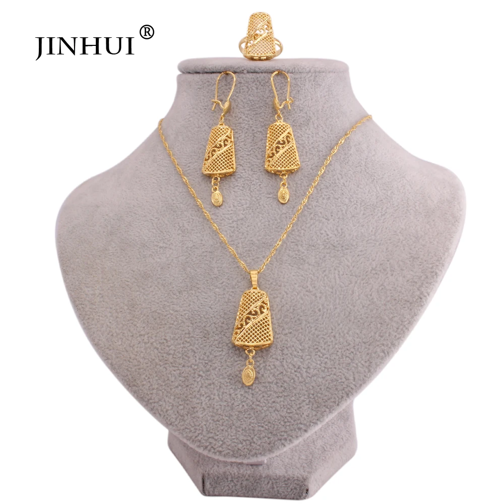 Dubai luxury gold plated jewelry sets for women India wedding gifts bridal Necklace set Pendant Earrings ring jewellery set