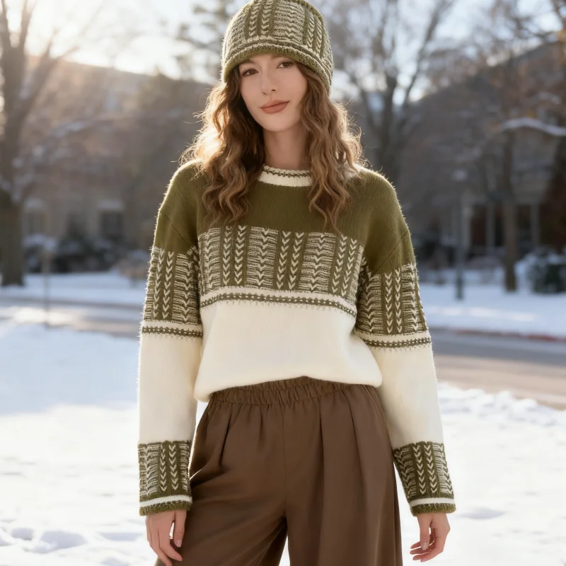 

Autumn Winter Loose Knitted Sweaters Korean Fashion Jacquard Crew Neck Women Pullover Sweater + Hat Long Sleeve Office Tops
