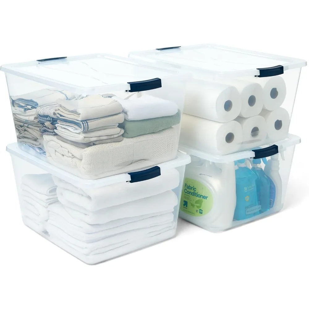 صناديق تخزين شفافة قابلة للتكديس بسعة 74 لترًا من Rubbermaid Cleverstore مع أغطية، 4 عبوات، خالية من مادة BPA، مصنوعة في الولايات المتحدة الأمريكية