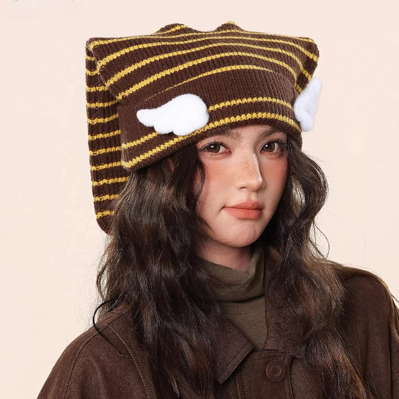 لطيف ثلاثية الأبعاد الجناح تصميم المتناقضة اللون مخطط قبعات منسوجة للنساء شتاء دافئ تنوعا شخصية آذان طويلة Y2K بيني