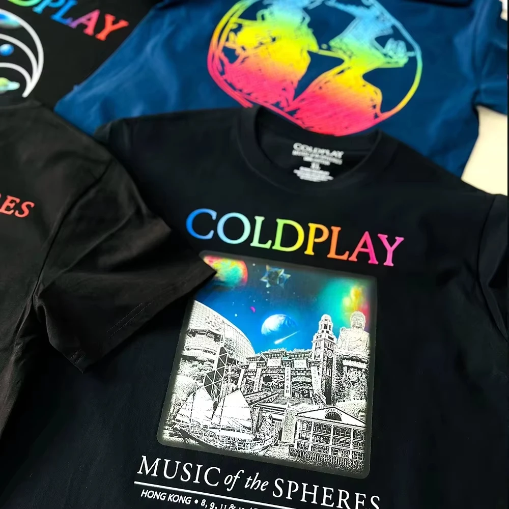 

Cool Play Band Rock Music Hong Kong Tour Short Sleeve T-Shirt Pure Cotton Neck Tee Youth Summer Casual round tops women clothes