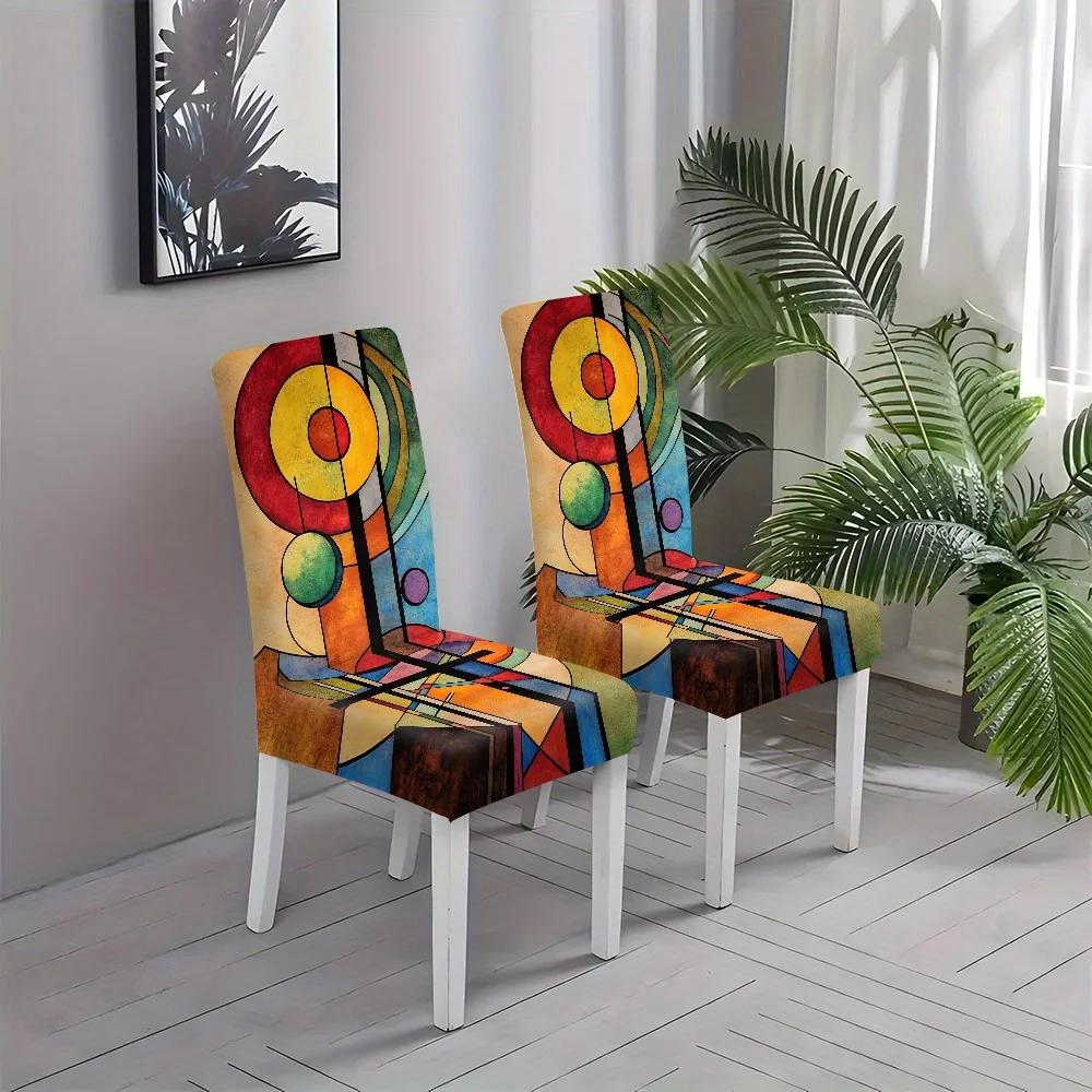 2/4/6pcs Vibrant Abstract Geometric Kandinsky Style Print Stretch Dining Chair Cover, Removable Washable Chair Slipcover