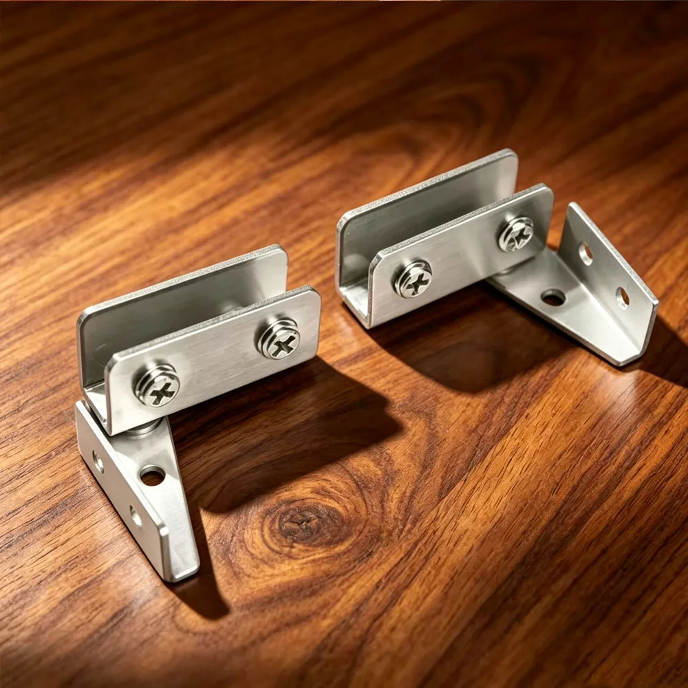 Stainless Steel Side Mount Non-perforated Glass Cabinet Hinge 2Pcs for Display Cabinet Furniture Hardware
