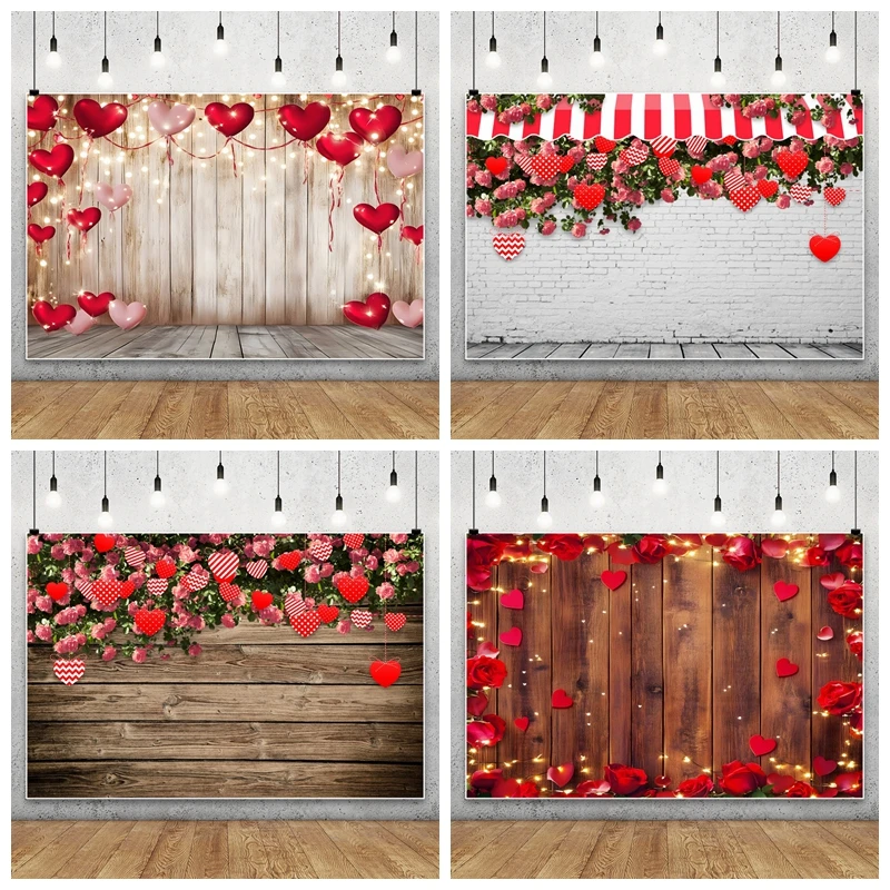 

February 14 Valentine's Day Backdrop Photography Wooden Board Rose Love Heart Couple Photo Photographic Background Photo Studio