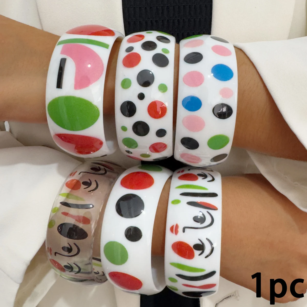 Tocona Fashion Polka Dot Abstract Face Pattern Resin Wide Bangle Fun Wristband Daily Vacation Accessories For Women