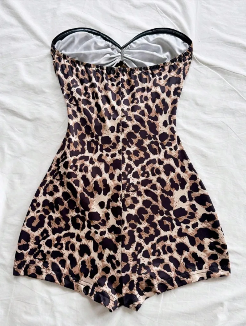 Women's Classic Retro Leopard Print Jumpsuit Metallic Accessory Set for Vacations Parties Dates Afternoon Tea