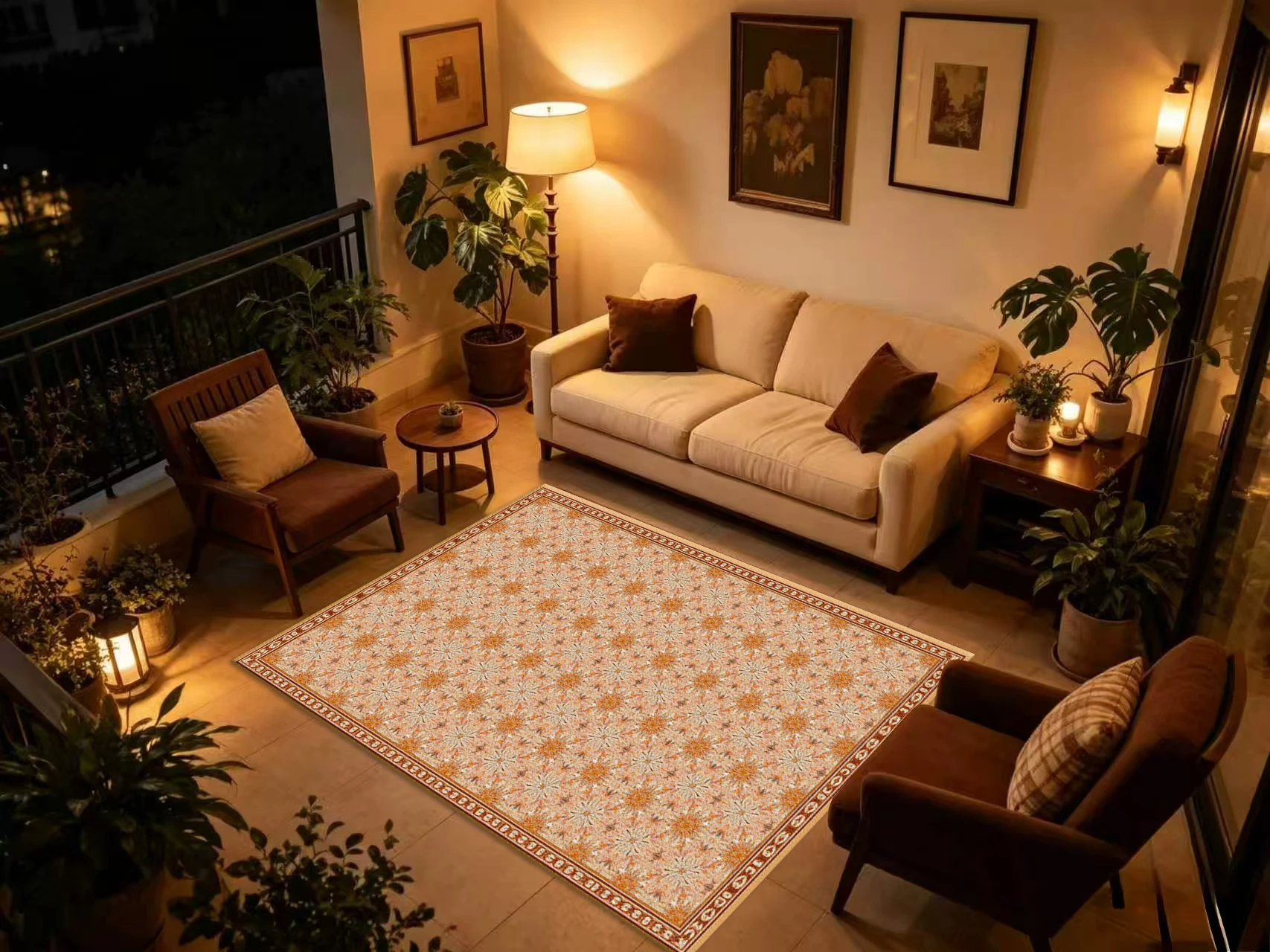 Vintage Sunflower Floral Ornament Carpet Flooring Warm Orange Beige Border Printed Square Floor Rug for Household Space