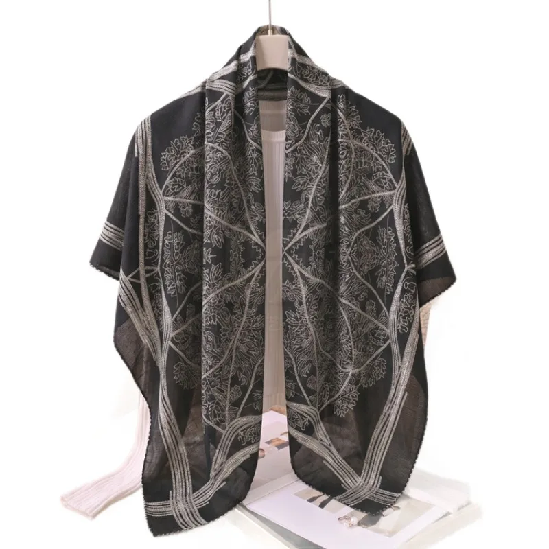 100% Mulberry Silk Large Square Scarf Women 110cm Hand Rolled Hem Geometric Print Shawl