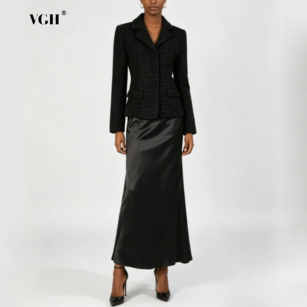 

VGH Black Spliced Pocket Two Piece Set Female Lapel Long Sleeve Jacket Office Intellectual Women's Skirt Sets Fashion Summer New