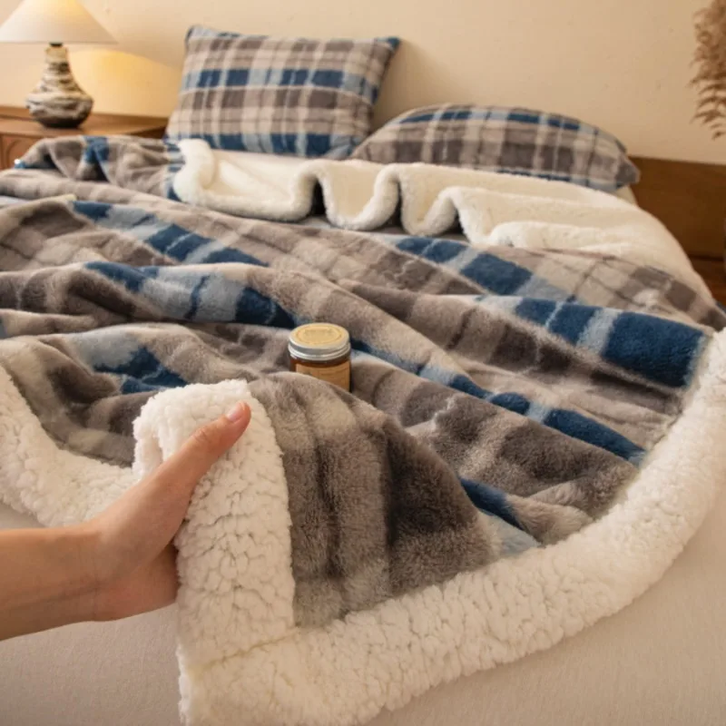 Thickened Double Layer Plaid Plush Blanket Faux Cashmere Autumn Winter Warm Bed Blanket Soft Cozy Sherpa Fleece Throw for Sofa