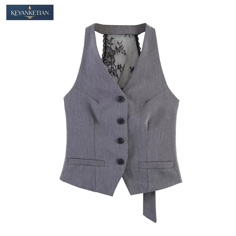 KEYANKETIAN 2026 Y2K Coquette Button-up Decoration Halter Vest Slim Fit Lace Back & Buckle Waist Detail Short Sleeveless Top