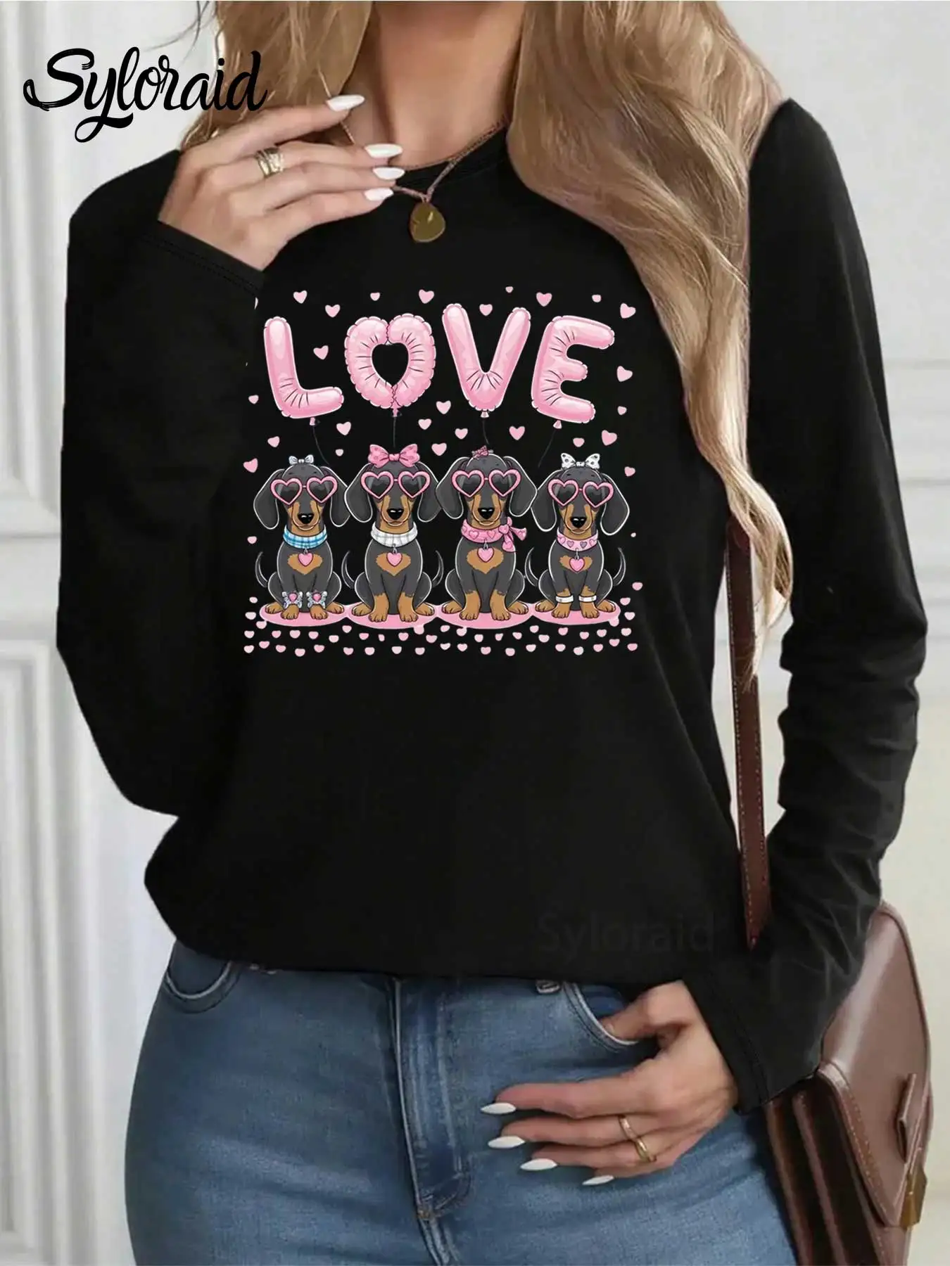 Women's Long Sleeve T Shirt Valentine's Day Balloon Dachshund Print T Shirt Fashion Round Neck Casual Top