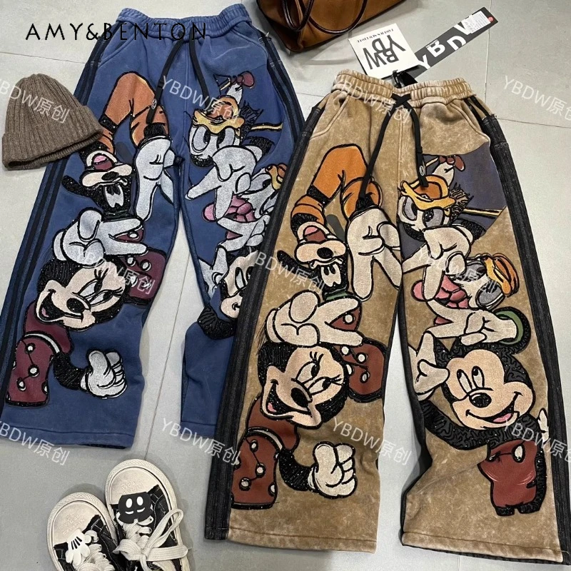 

2025 Autumn Winter Cartoon Spliced Denim Fleece-Lined Straight Wide-Leg Pants Casual Long Trousers For Women's Kawaii Y2k Jeans