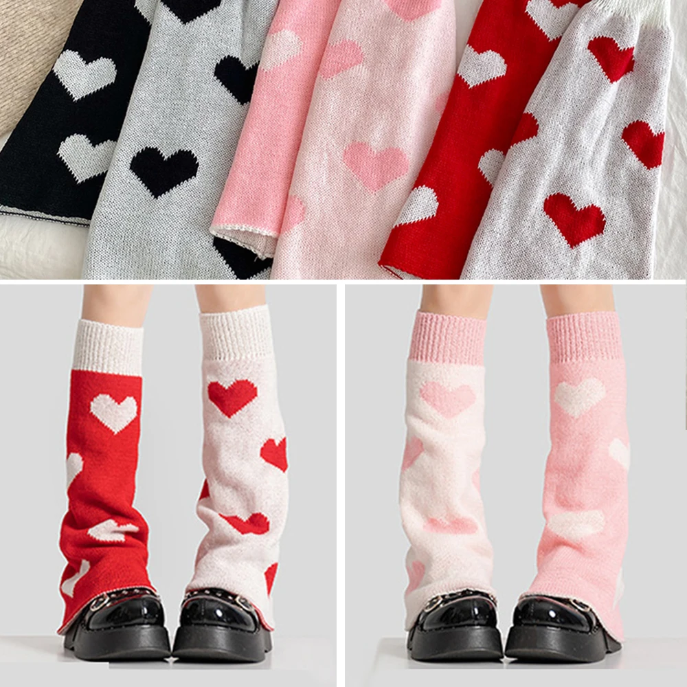 Y2K Leg Warmers Winter JK Lolita Knitted Soft Socks Double Sided Design Girls Gothic Style Heart Love Pattern Women's Long Socks