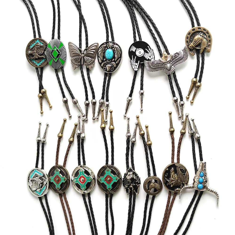 Retro Cowboy Bolo Tie Leather Cord Western Neck Tie with Bull Skull Eagle Horseshoe Coin Pendant for Men Women Country Western