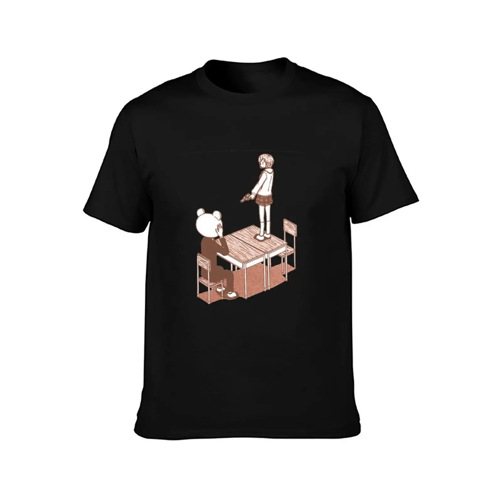 Nichijou - Tachibana Aiming Revolver at Sasahara While Standing on Desk T-Shirt Summer Casual Cotton Tee Vintage Graphic Print
