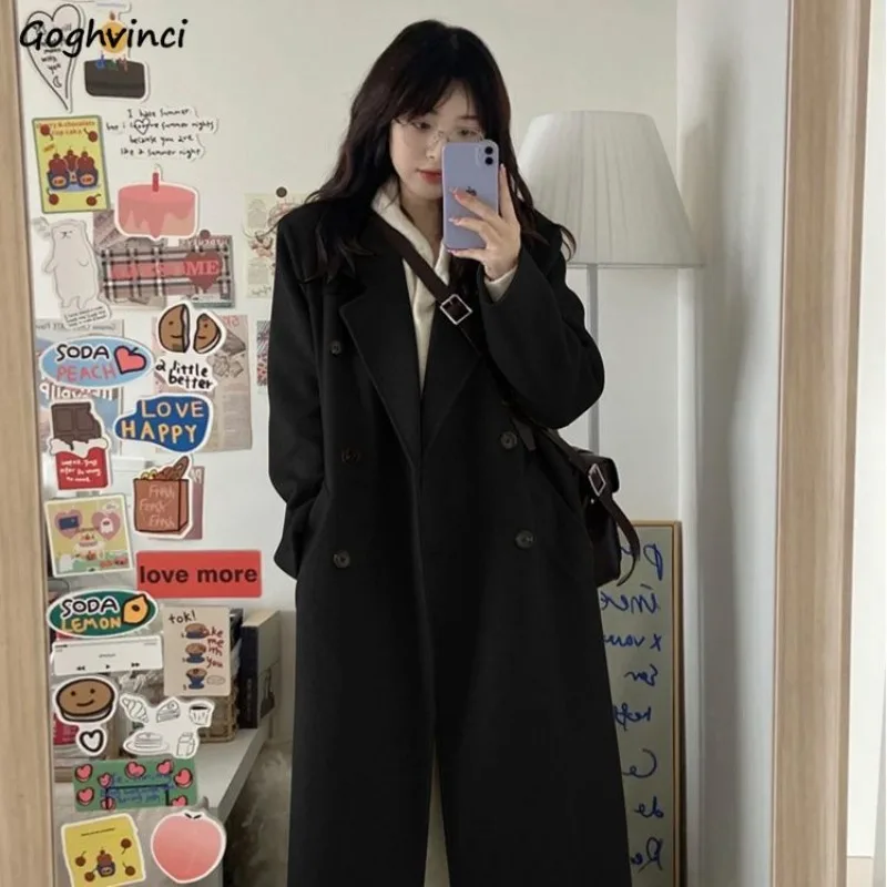 

Retro Wool Women Autumn Winter Notched Pockets Solid Loose Slender Long Coats Commuting Simple Korean Style Temperament Stylish