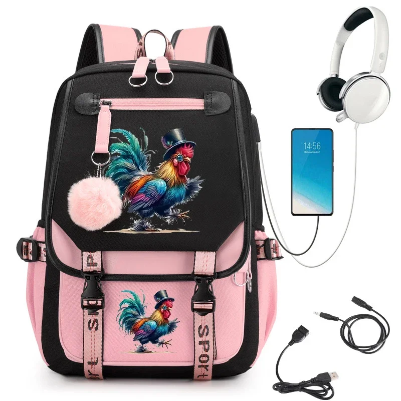 

Cute Watercolor Chicken Cartoon School Bag for Teenager Girls Funny Bookbag Backpack Student Kawaii Backpacks Usb Travel Bags