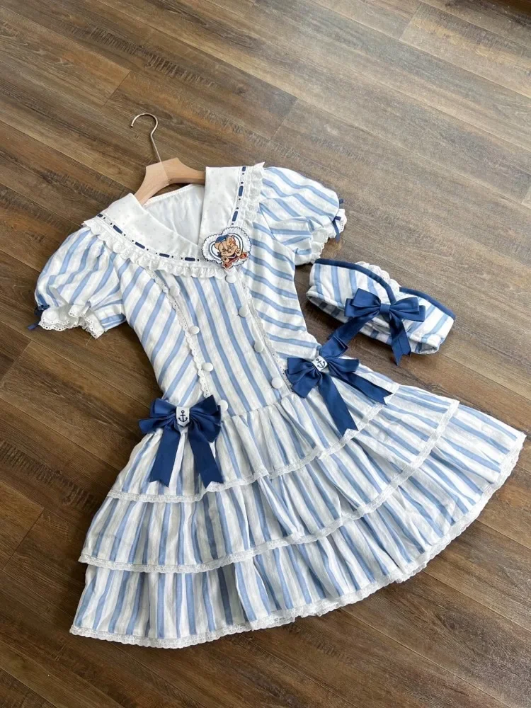 Verão doce lolita vestido de marinheiro para meninas feminino azul branco listra arco plissado em camadas saia puff manga kawaii bonito outfit 2025