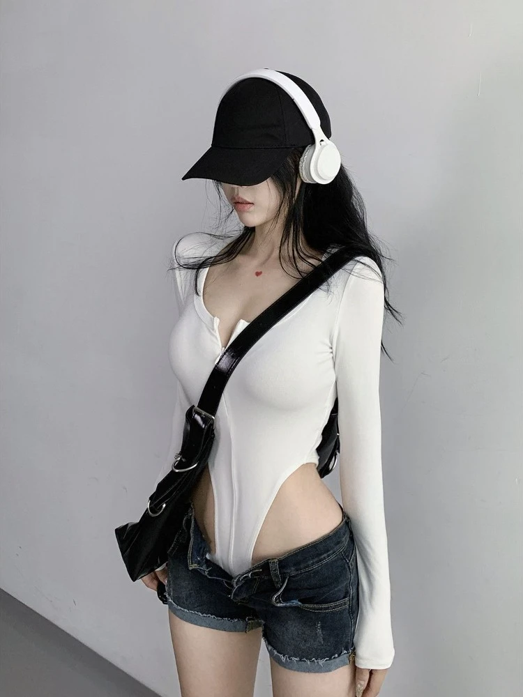 

American Spicy Girl Sexy Tight Fitting Jumpsuit U-neck Zipper Elastic Solid Color Long Sleeved Sports Street T-shirt