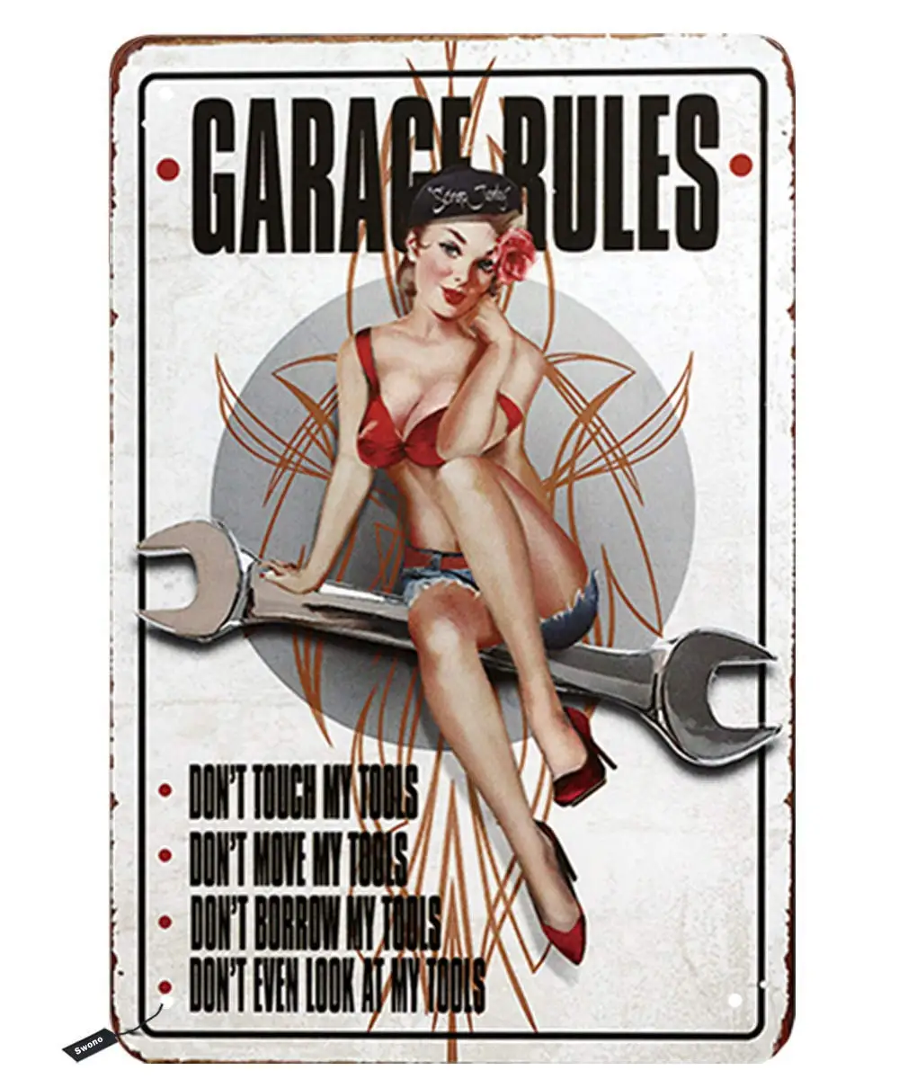 Swono Garage Rules Tin Signs,Pin Up Girl Siting on The Spanner with Letter Tools Rules Vintage Metal Tin Sign For Men Women,Wall