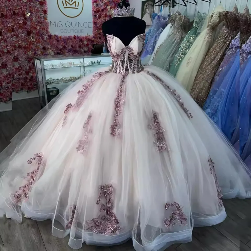 Vestidos De quinceañeras personalizados con hombros descubiertos, vestido para quinceañeras con cuentas y apliques De cristal, vestido De baile, 16 Vestidos para desfile