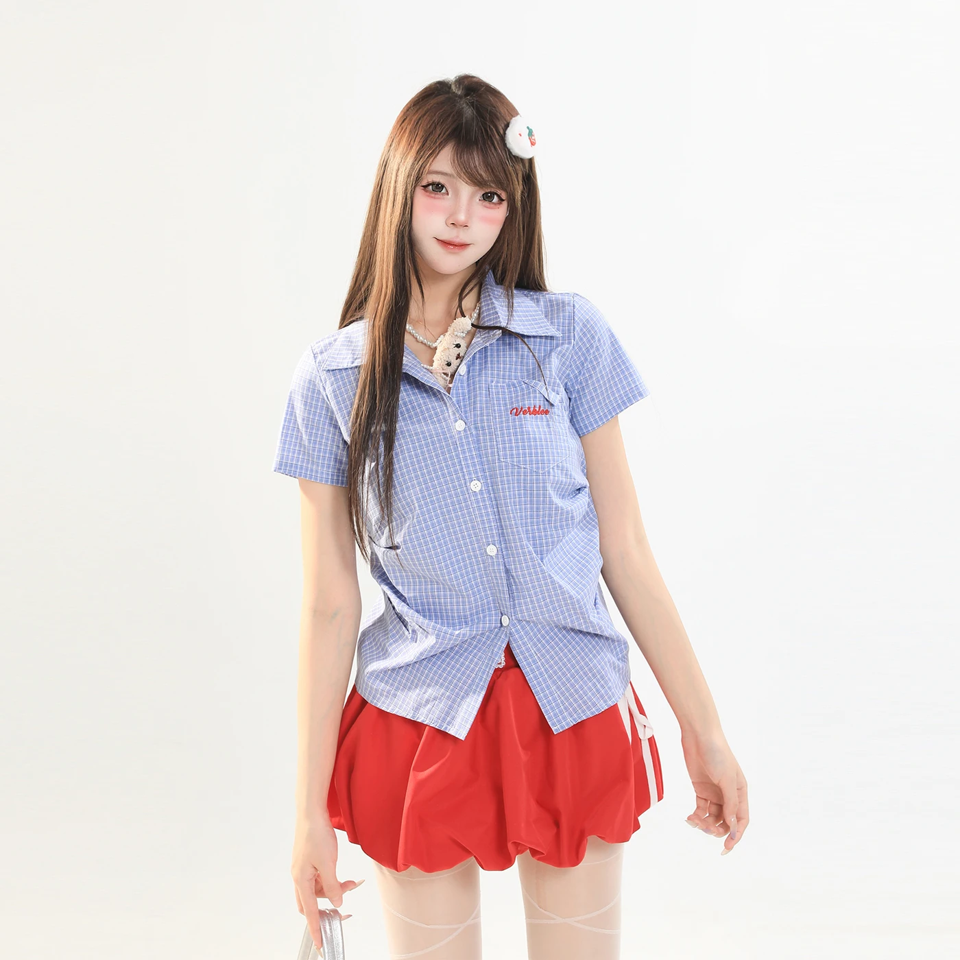 

American Retro Plaid ort Sve irt Women Summer Design Slimming Waist Casual Top College Sle Cool Feeling Regular Fit