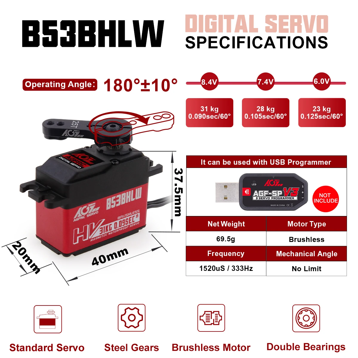 Agfrc b53bhl v2 b53chl v2 31kg 32kg magnetisches wasserdichtes kernloses Drehmoment schnelles programmier bares bürstenloses Standard-RC-Servo – Detail 8