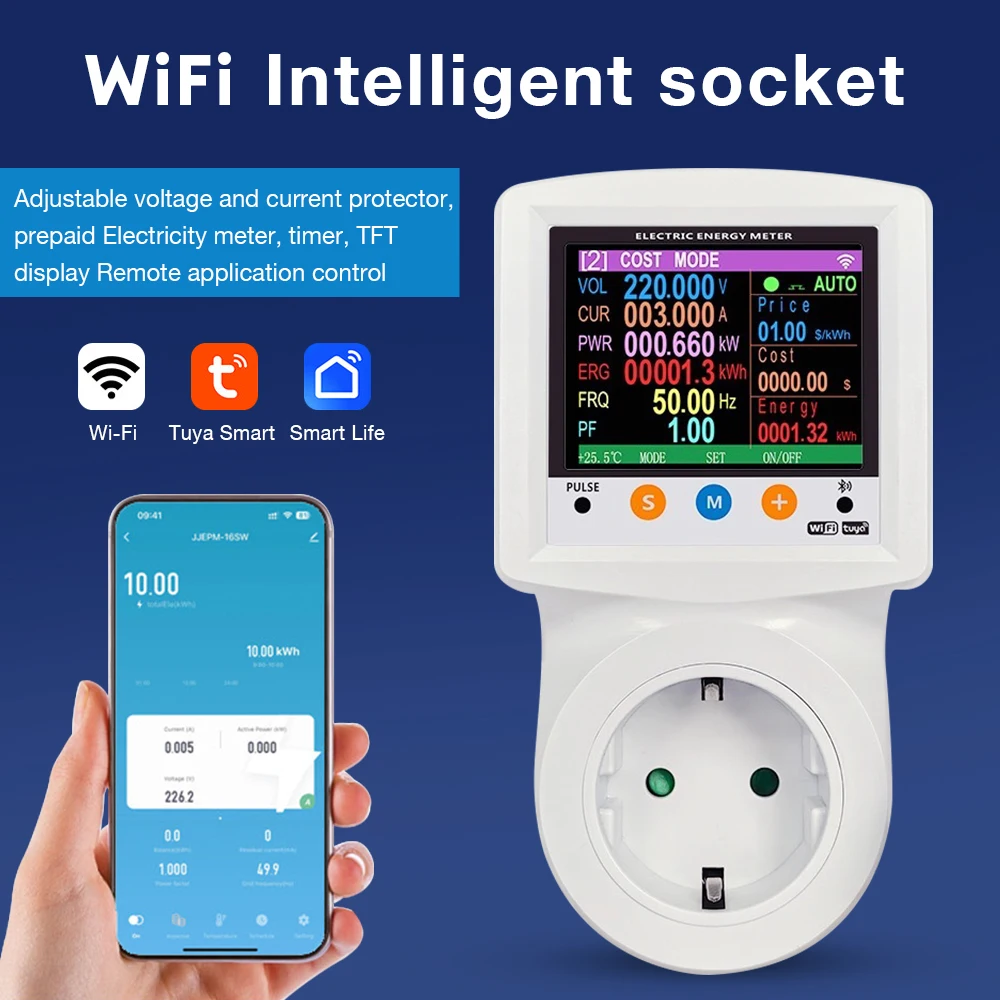 

16A Tuya WIFI Smart Socket AC Digital Wattmeter Electricity Consumption Power KWH Energy Meter Voltage/Current Protector EU Plug