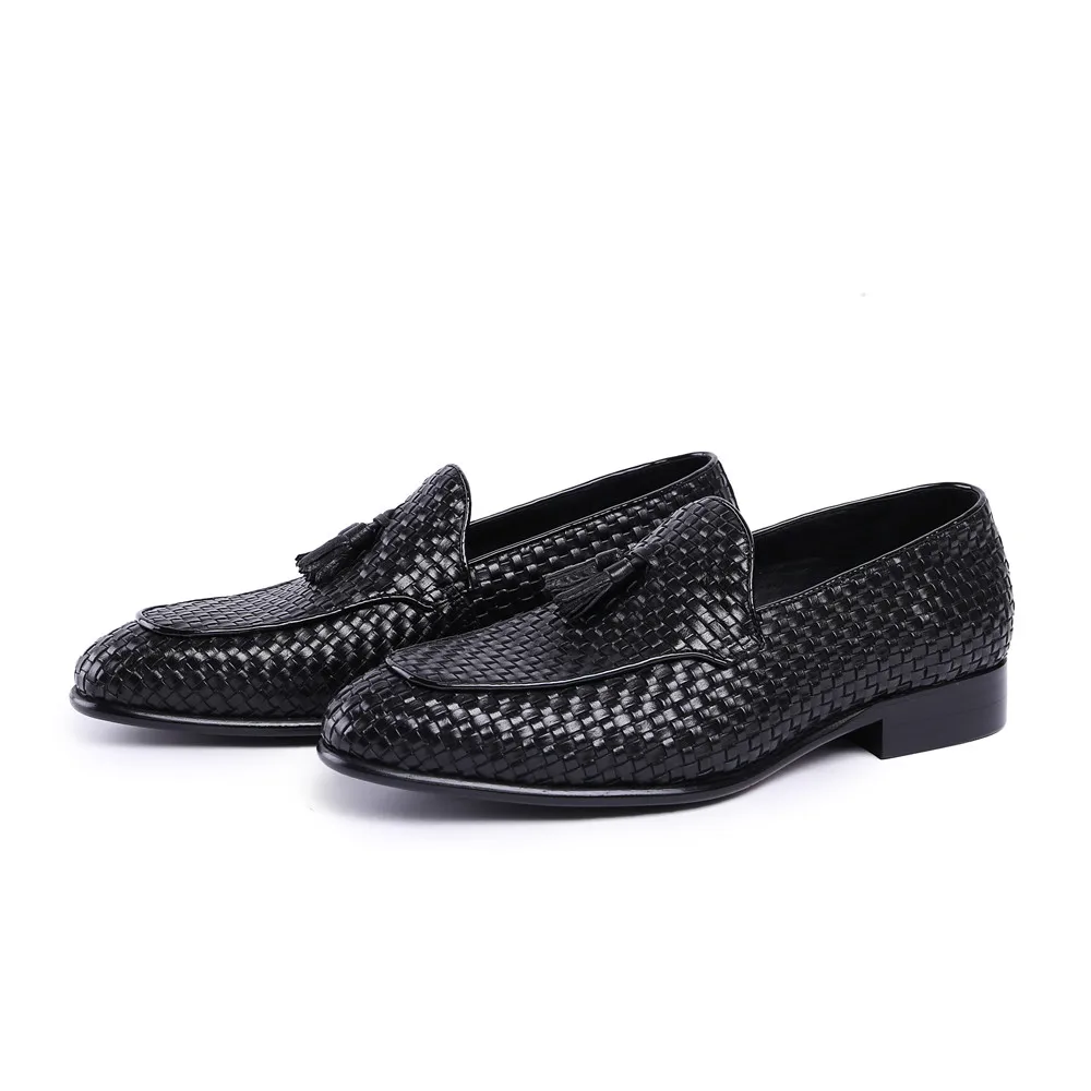 Fashion Brown Tan / Black Woven Design Summer Loafers Mens Wedding Groom Shoes Genuine Leather Prom Shoes Boys Dress Shoes