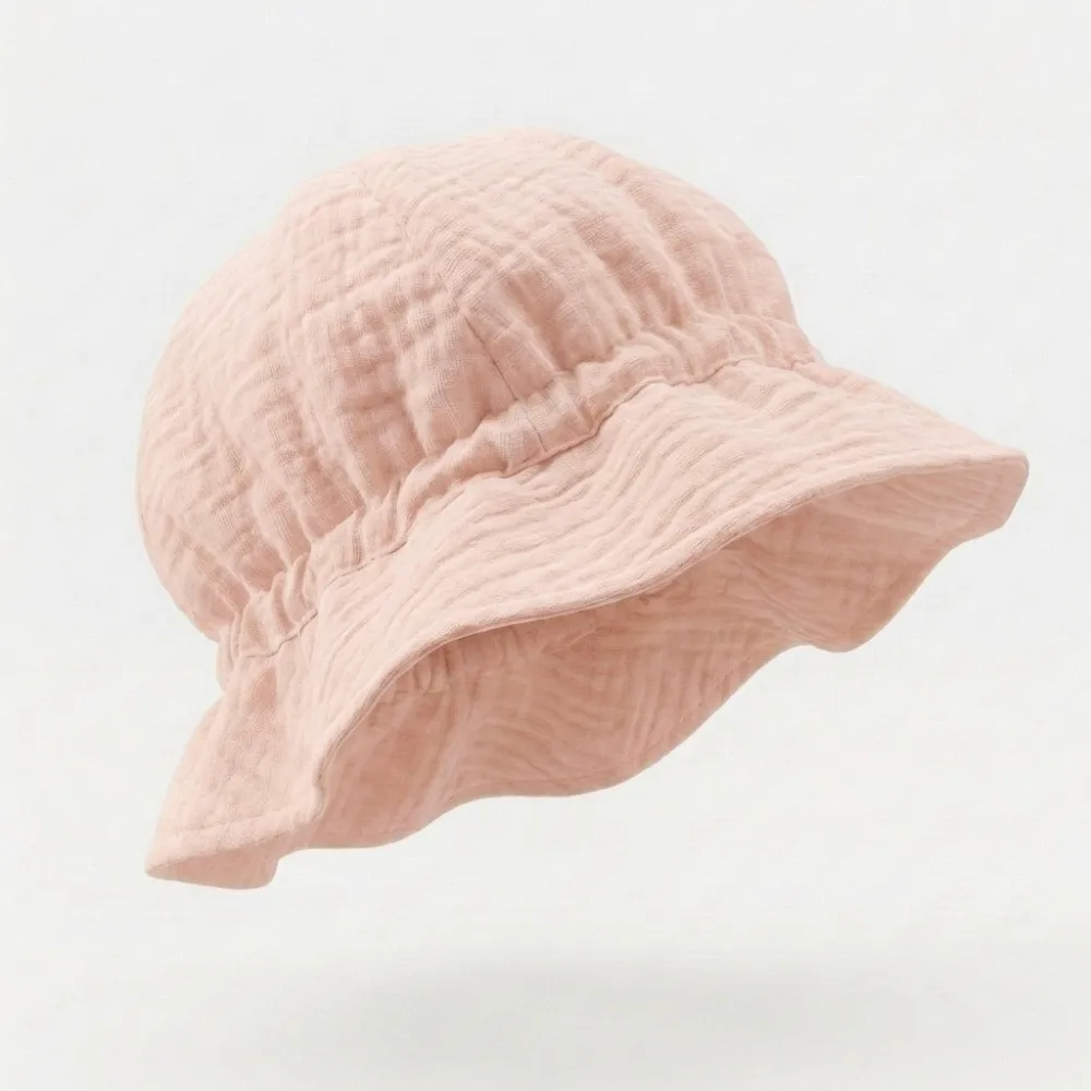 

Cotton Muslin Baby Summer Hat Soft Edge Pleated Design Children Panama Cap Short Eave Breathable Gauze Baby Fisherman Hat